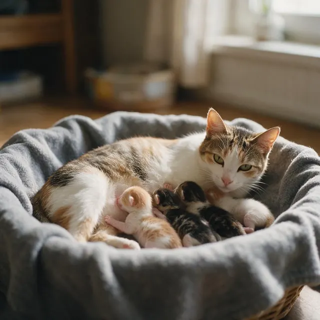 Кошка с новорождёнными котятами в корзине